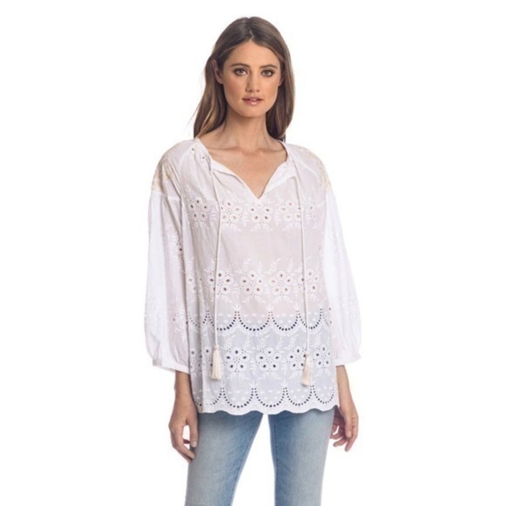 Tolani Brenna White Embroidered Cotton Eyelet Blouse V-Neck Tassel Size Medium